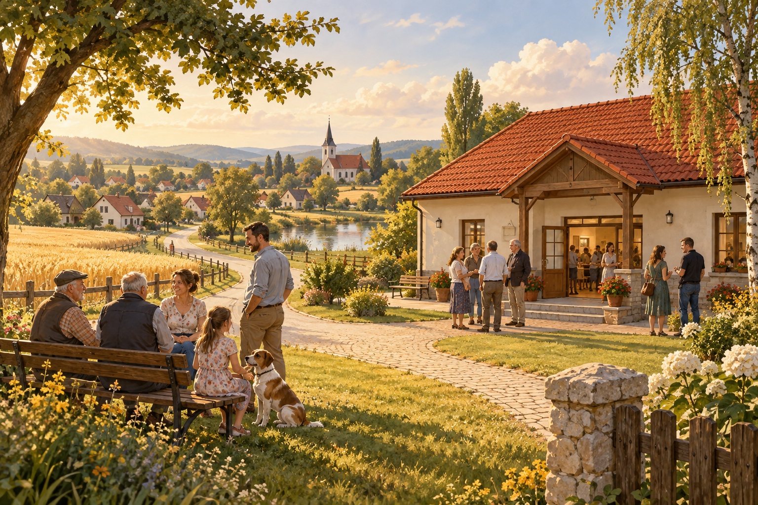 Poglądowa ilustracja wsi i spotkania przy świetlicy